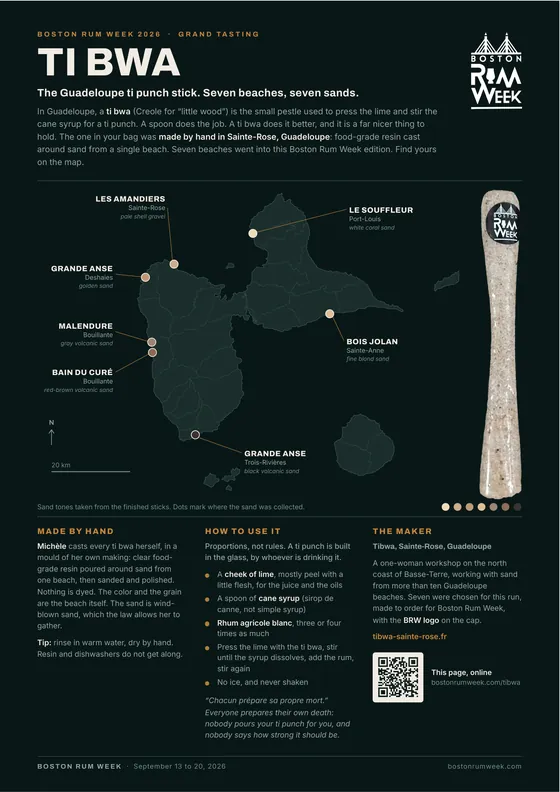 The Ti Bwa sheet, dark version: a map of Guadeloupe with the seven beaches, the ti punch method, and the maker.