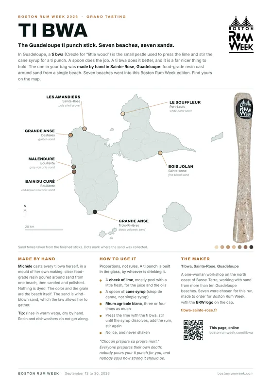 The Ti Bwa sheet, light version: a map of Guadeloupe with the seven beaches, the ti punch method, and the maker.
